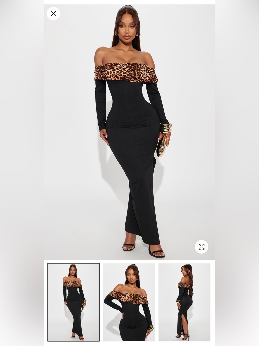 Fashion Nova Black Long-Sleeve Off-Shoulder Dress with Leopard Trim
